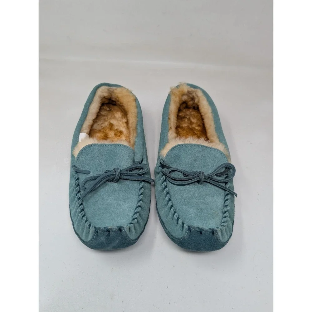 LL Bean Wicked Good Slippers Mocs Moccasin Kid's Size 6 Teal Blue Shearling VTG